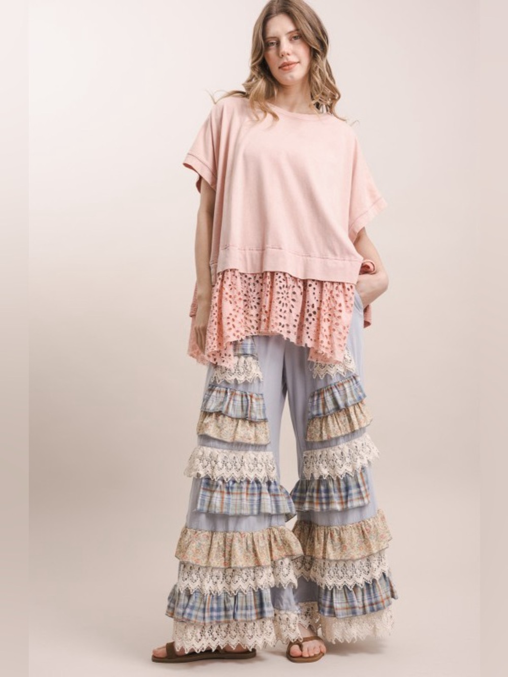 Bluevelvet mineral washed lace embroidered patchwork ruffle bohemian floral pant - Picture 5 of 5